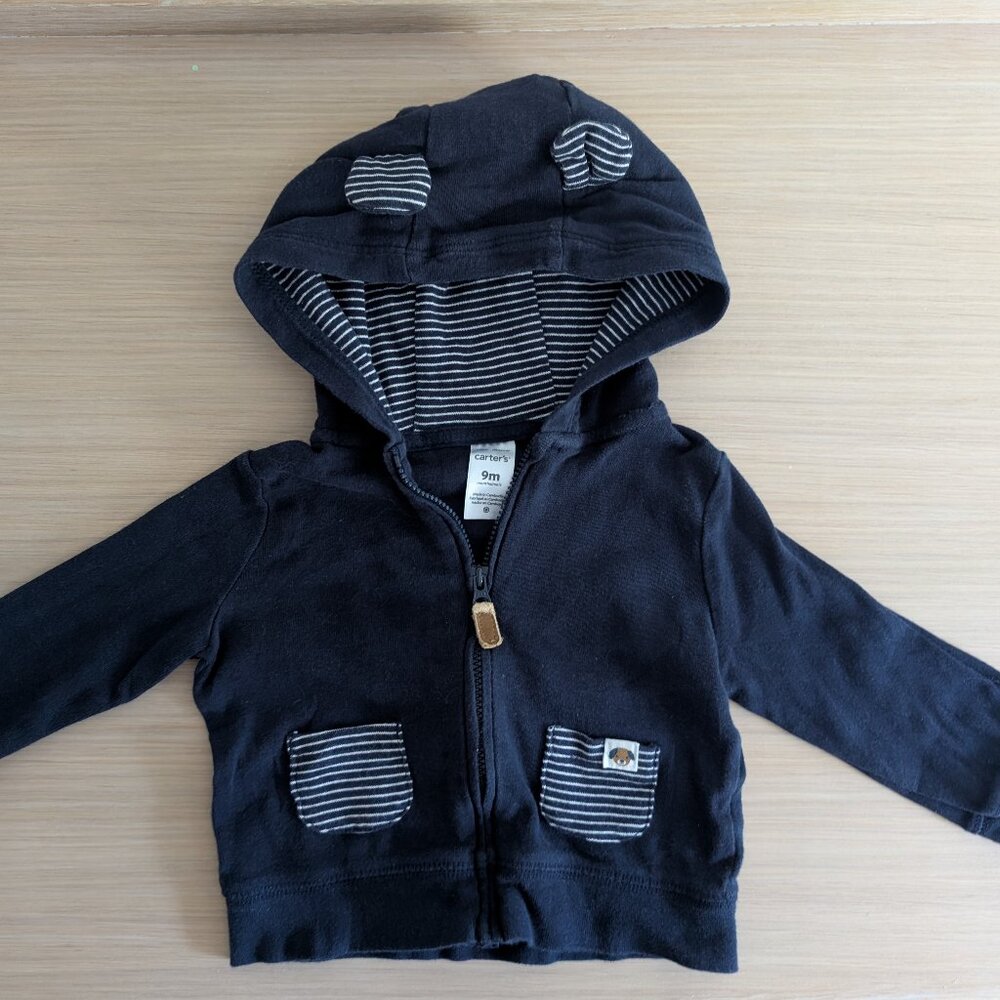 Carter's Hooded Zip-Up Sweatshirt Blue White Striped Baby Boy, 9M